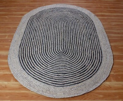 Ovale Noir Zone Tapis Main Tressé Jute Naturel Vivant Pièce Bohème Kilim 3x5 5x8 - Photo 1/4