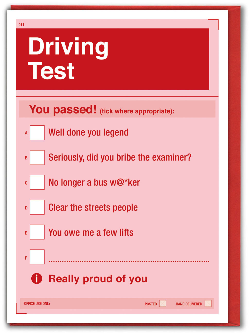 Funny Driving Test Greetings Card With Tick Box Form Congratulations Rude Humour