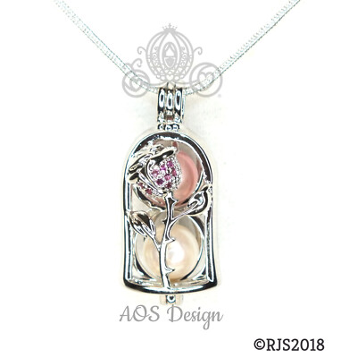 Sterling Silver Beauty and the Beast Rose Pearl Cage Necklace -Rose Pearl Charm