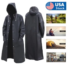 Men Black Waterproof Long Raincoat Rain Coat Hooded Trench Jacket Outdoor Hiking