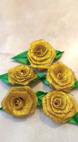25Golden silk satin ribbon rose flowers with leaf .3cm satin ribbon rose card - Picture 13 of 20