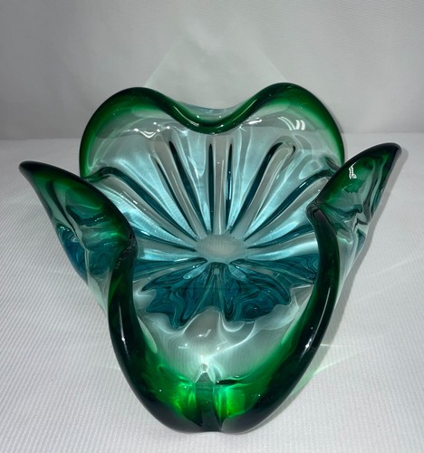 Vtg. Murano Sommerso Glass Folded Edge Rim Blue green Teal Bowl 9x3 1/2 Inches - Picture 5 of 9