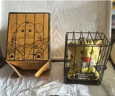 Vintage Yellow ceramic Tiger In Cage Coin Bank and Box