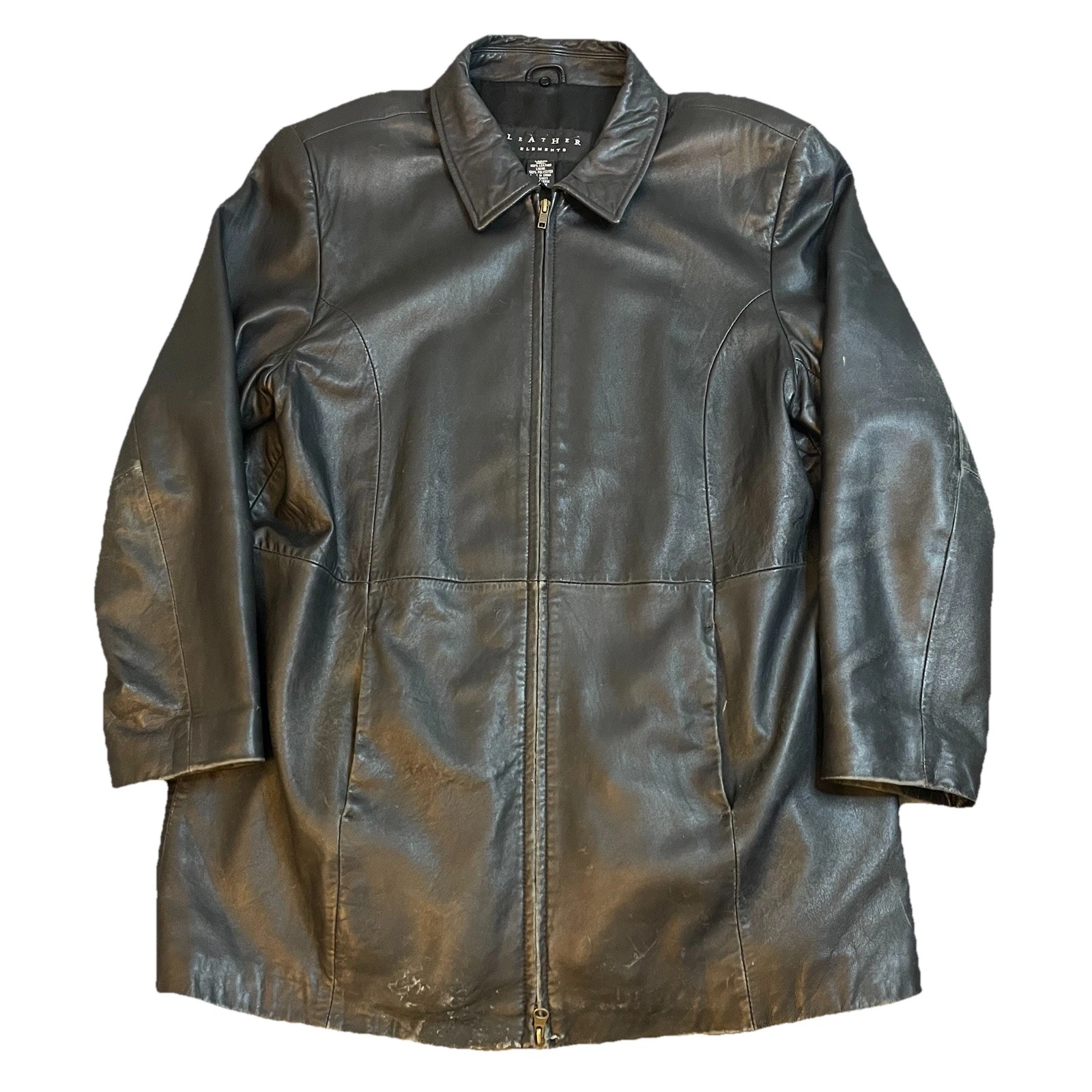 Vintage 90s Black Leather Jacket Men’s Large Full Zip Pockets Distressed Genuine