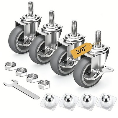 4-Pack Caster Wheels 3'' Locking Swivel Stem Casters Set, Threaded Stem 3/8''