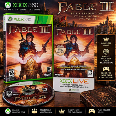 Fable III Xbox 360 + UNUSED Xbox Live Gold Trial Card CIB Collector Memorabilia
