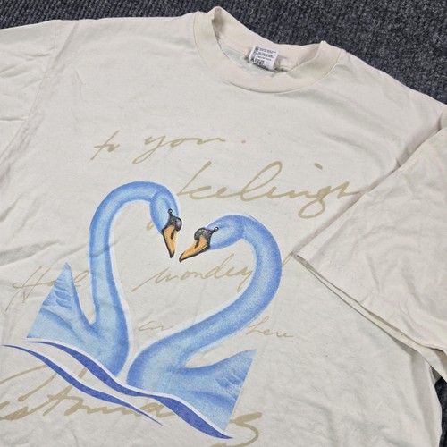Vintage Anvil Swan Shirt Mens XL Beige Blue Love Heart Graphic Made USA 90s