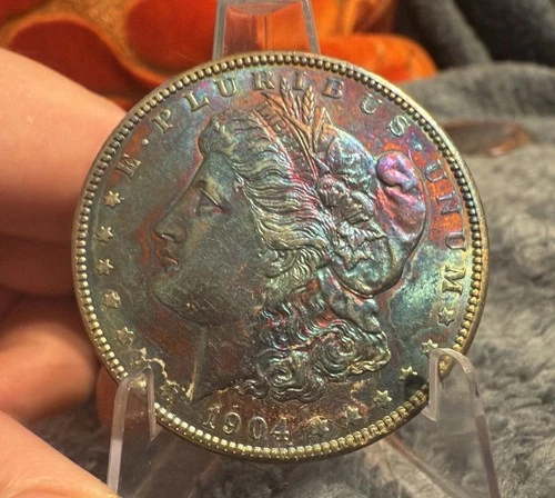 1904 MORGAN DOLLAR GEM BU SEMI PROOF LIKE MONSTER RAINBOW TONER CDT LOT #2620
