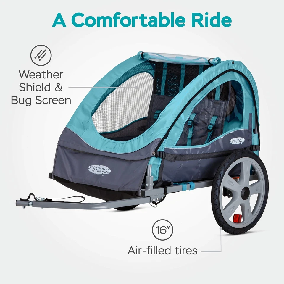 Double Seat Bike Child Trailer 80 lbs Max Weight 5-Point Harness Foldable - Image 3 of 4