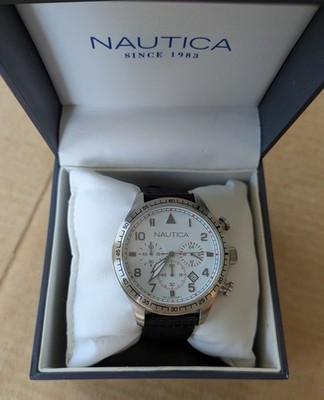 Nautica Men's White Dial Red Accents Chronograph Watch Black Nylon Strap Band