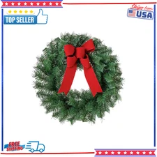 24 in. Unlit Artificial Wreath with Red Velvet Bow full festive Christmas wreath