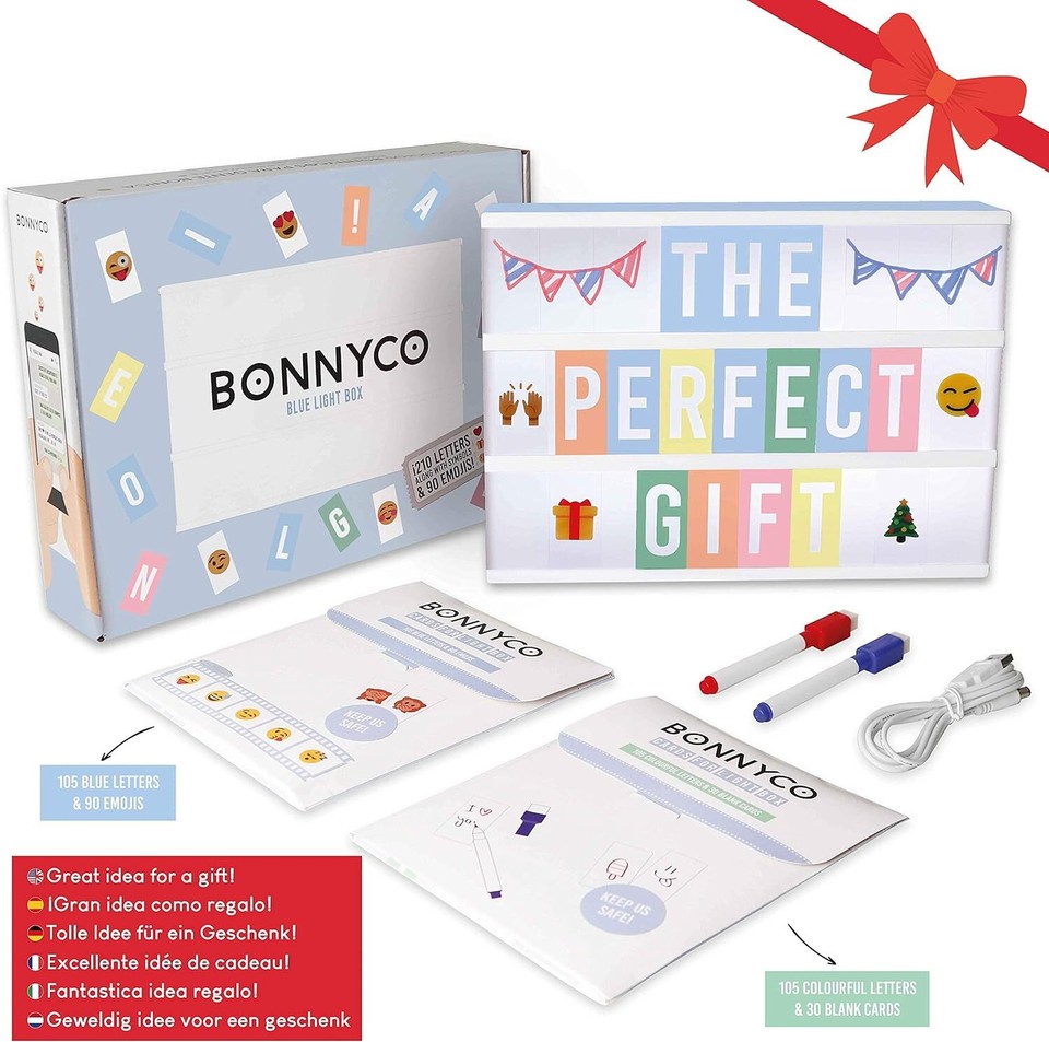 BONNYCO Blue Cinema Light Box with 400 Letters, Emojis & 2 Markers A4