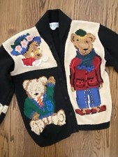 Vintage Handknit Teddy Bear Cardigan Ugly Christmas Sweater