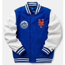New York  Premium Blue Wool Body White  Faux Leather Sleeves Mets Varsity Jacket