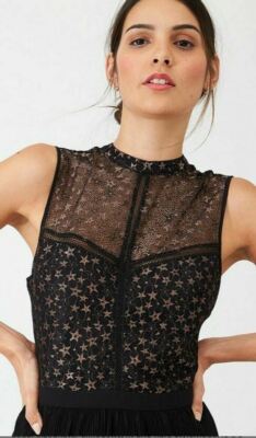 Oasis Black Lace Trims Gold Stars Pleated Skater Dress 10 was 65 VGC |  eBay UK