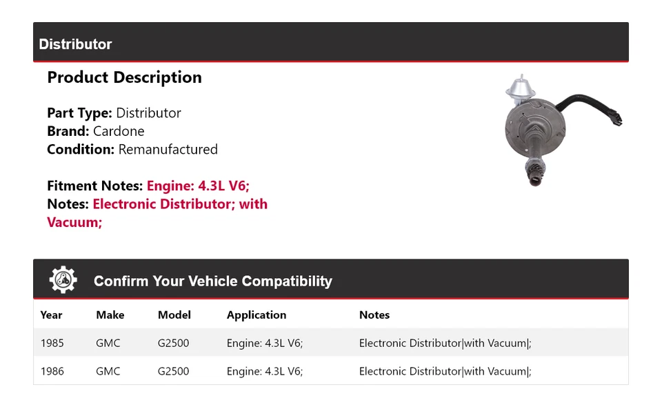 Tarjeta de distribuidor para GMC G2500 1985-1986 4,3 L V6 Foto 2 de 3