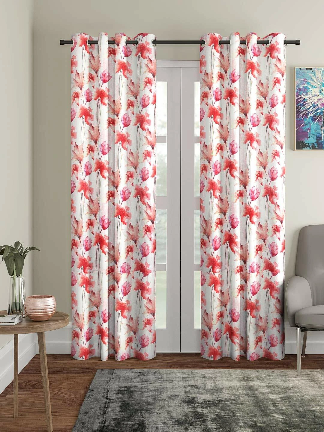 New 2 Piece Eyelet Polyester Door Curtain Set - 7 feet Maroon
