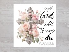 With God Bible Verse Rose Cross Fabric Panel Craft Sewing Quilt Block A297