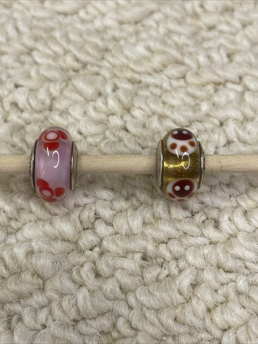 Set 2 - Pandora Charm Murano Glas rosa rote Blumen/roter Marienkäfer echt 925ALE - Bild 2 von 4