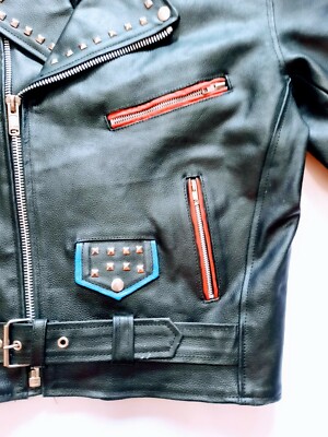 KISS Mens Leather Jacket Size 44, Hand Painted Studded Motorcycle