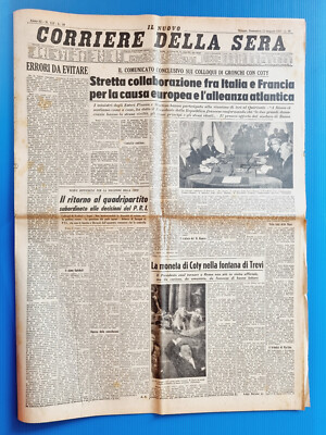 CORRIERE DELLA SERA 12 MAI 1957 RENE COTY-FONTANA DI TREVI ROM MONETINA