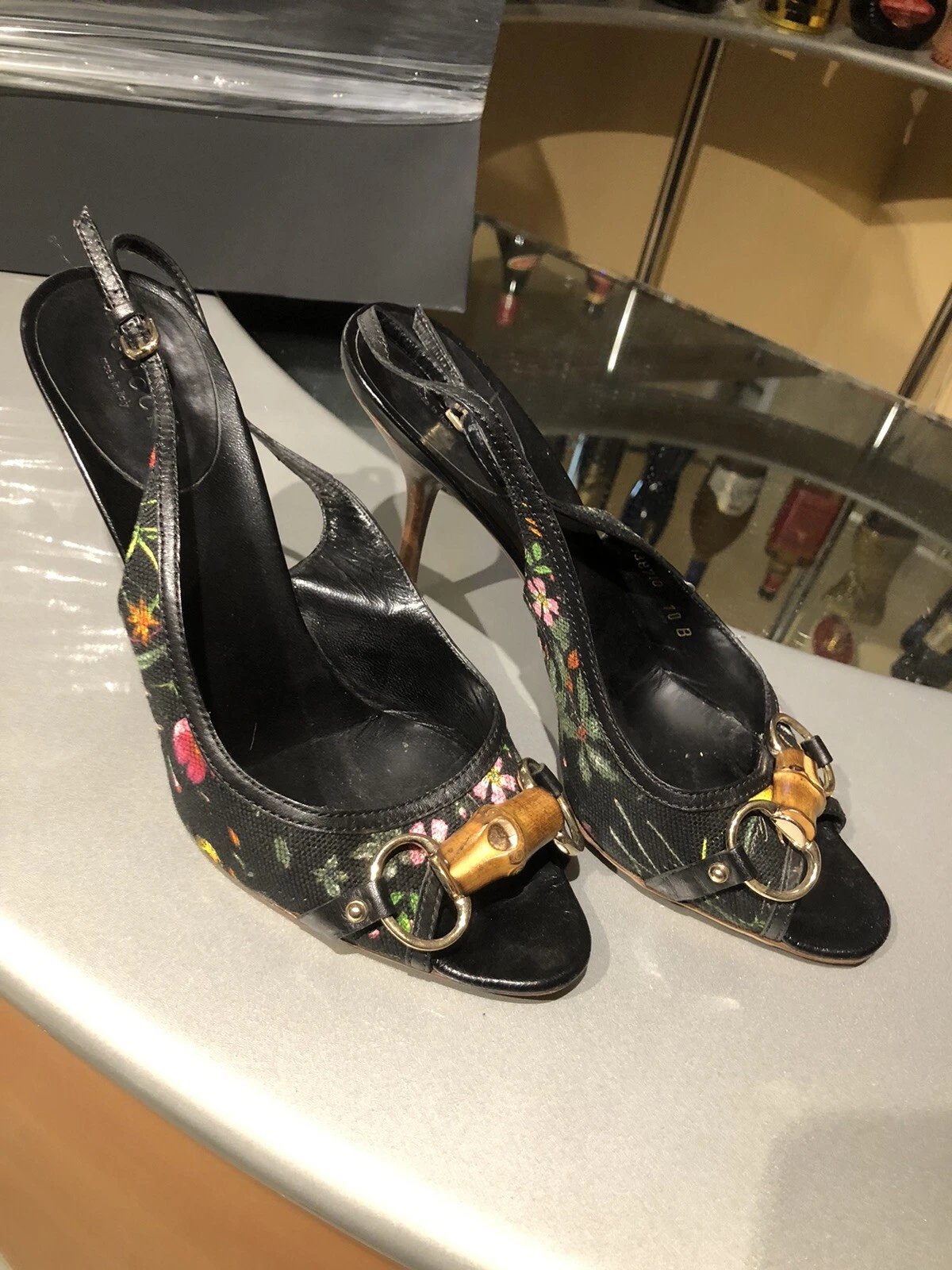 Décolleté Gucci Horsebit US 10 nere floreali punta aperta tacchi alti fionda posteriore