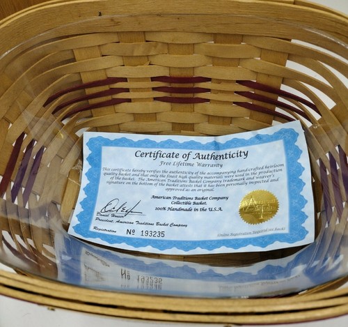 American Traditions Woven Lined Leather handled Basket 11x8x6 signed & dated - Picture 5 of 9