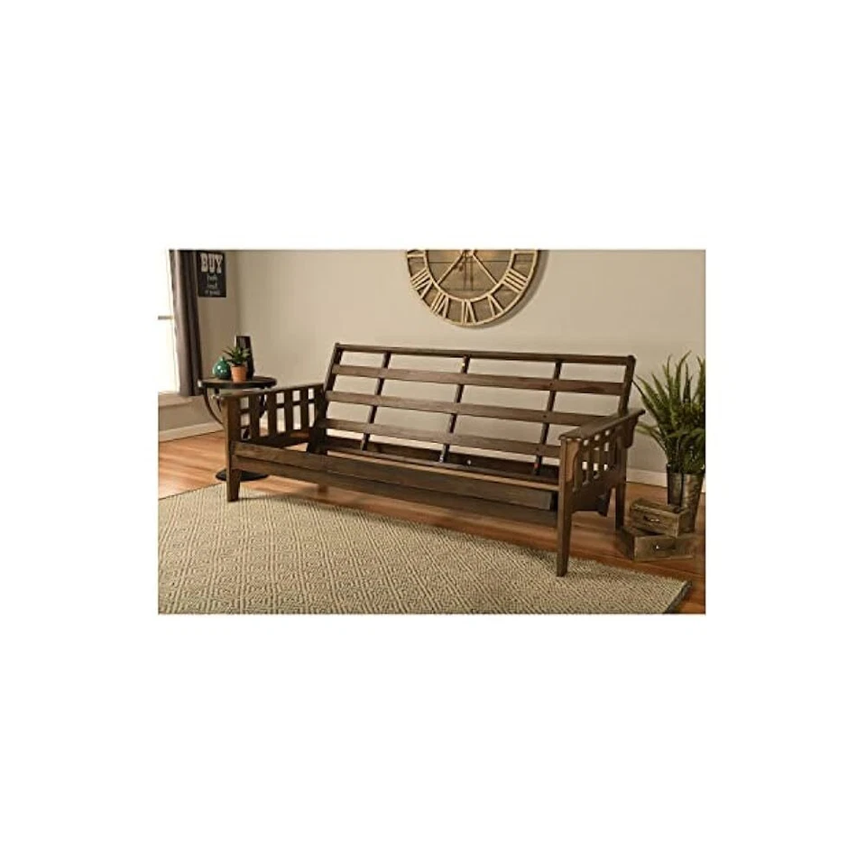 Futón tamaño completo, construcción de madera maciza, nogal rústico, listo para invitados Foto 3 de 3