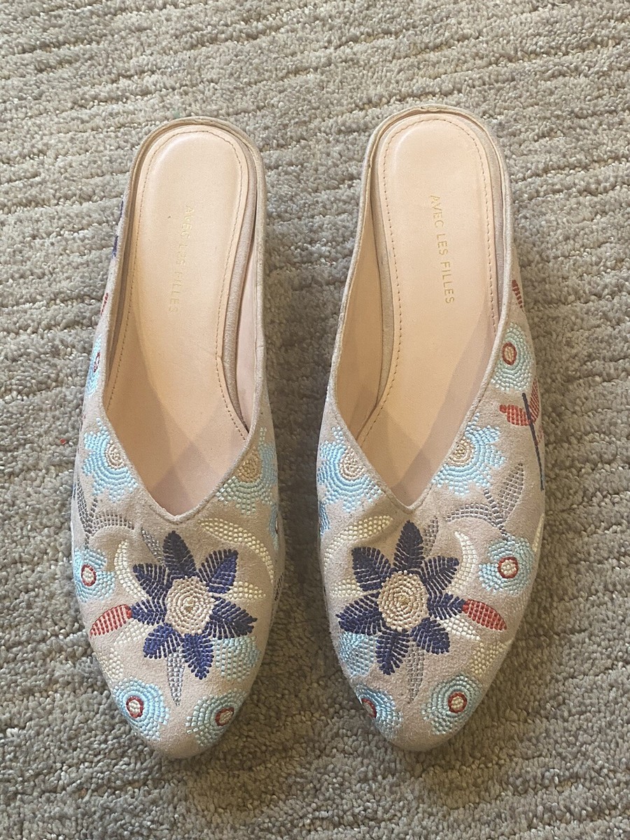 Avec Les Filles Fully Embroidered Floral Suede Mules Sz