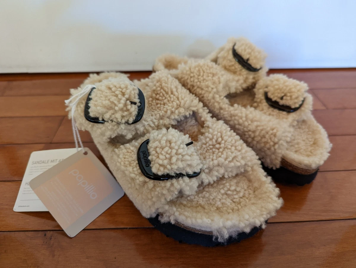 NWT Birkenstock Papillio Arizona Big Buckle Shearling Teddy Eggshell sz 36  5-5.5