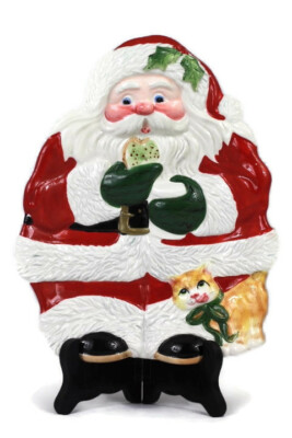 Fitz and Floyd Classics 2004 Santa & Cat Canape Cookie Candy Plate Dish 9 3/4''