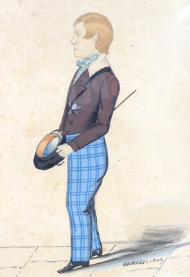 Victorian Full Length Portrait Miniature Of Gentleman in Tartan Trousers, 1849