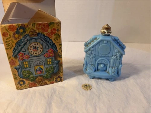 Avon Blue Bird House Perfume Bottle Blue Milk Glass 70s Vintage
