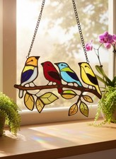 Real Stained Glass Birds On Branch Suncatcher Window Hanging Art Decor Home