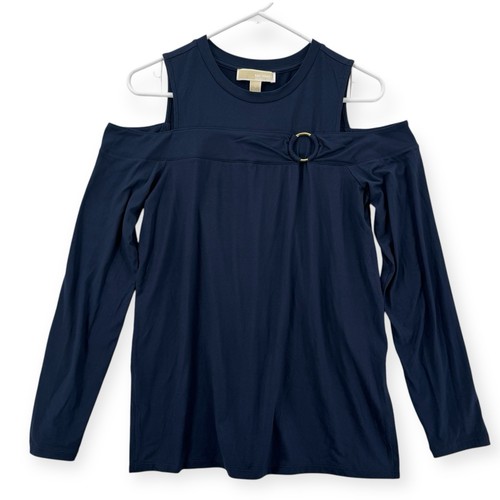 Michael Kors Cold Shoulder Top Womens Medium Long Sleeve Ring Detail Navy NWT