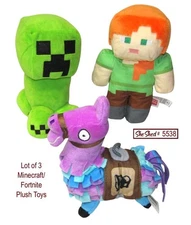 Lot of 3 Minecraft & Fortnite Plush Toys Creeper Alex Loot Llama Mattel Russ