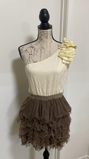 Windsor Dress Womens Large Cream Brown One Shoulder Ruffle Tulle Party Y2K