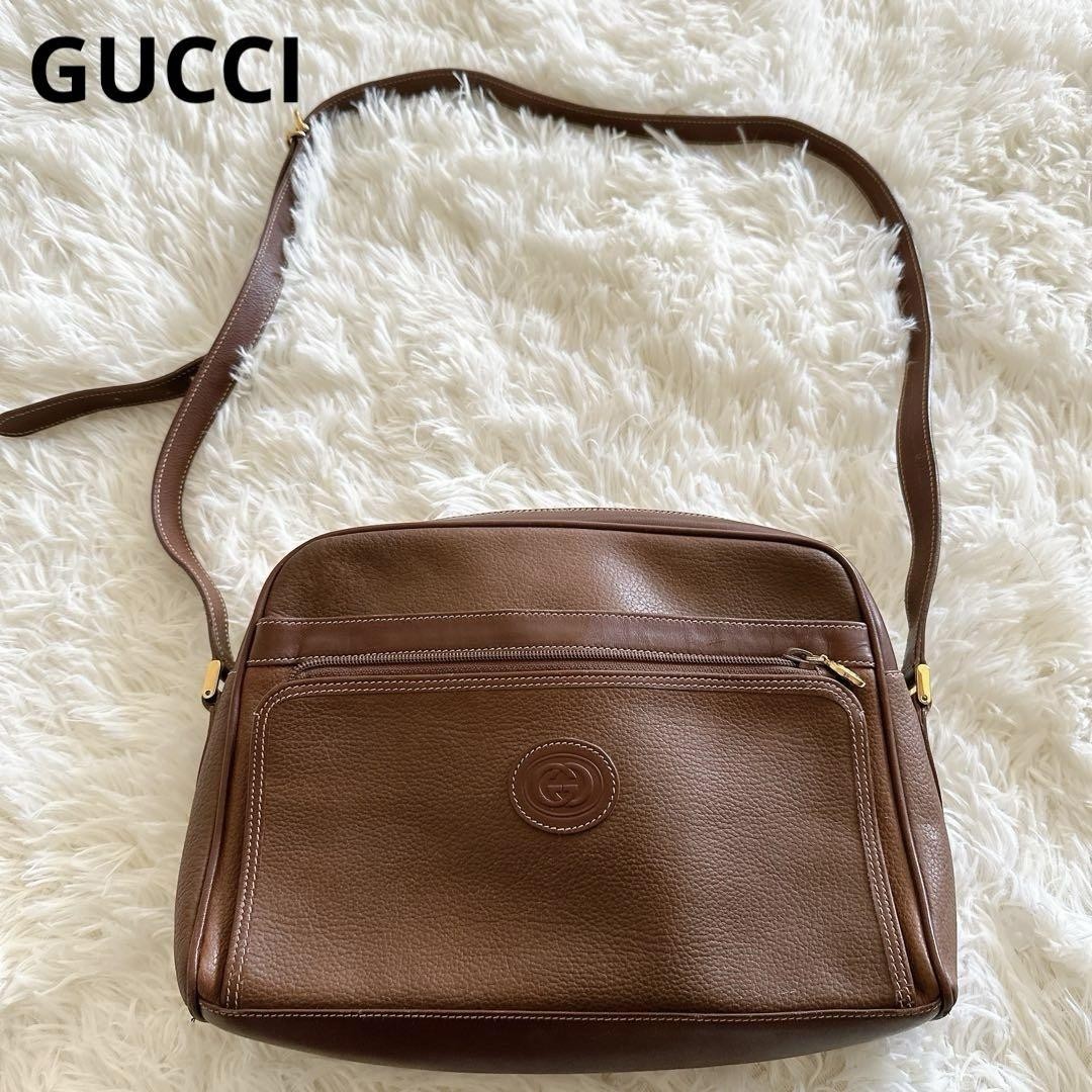 GUCCI Vintage GG Interlocking Leather Shoulder Bag Brown F0709718 Authentic