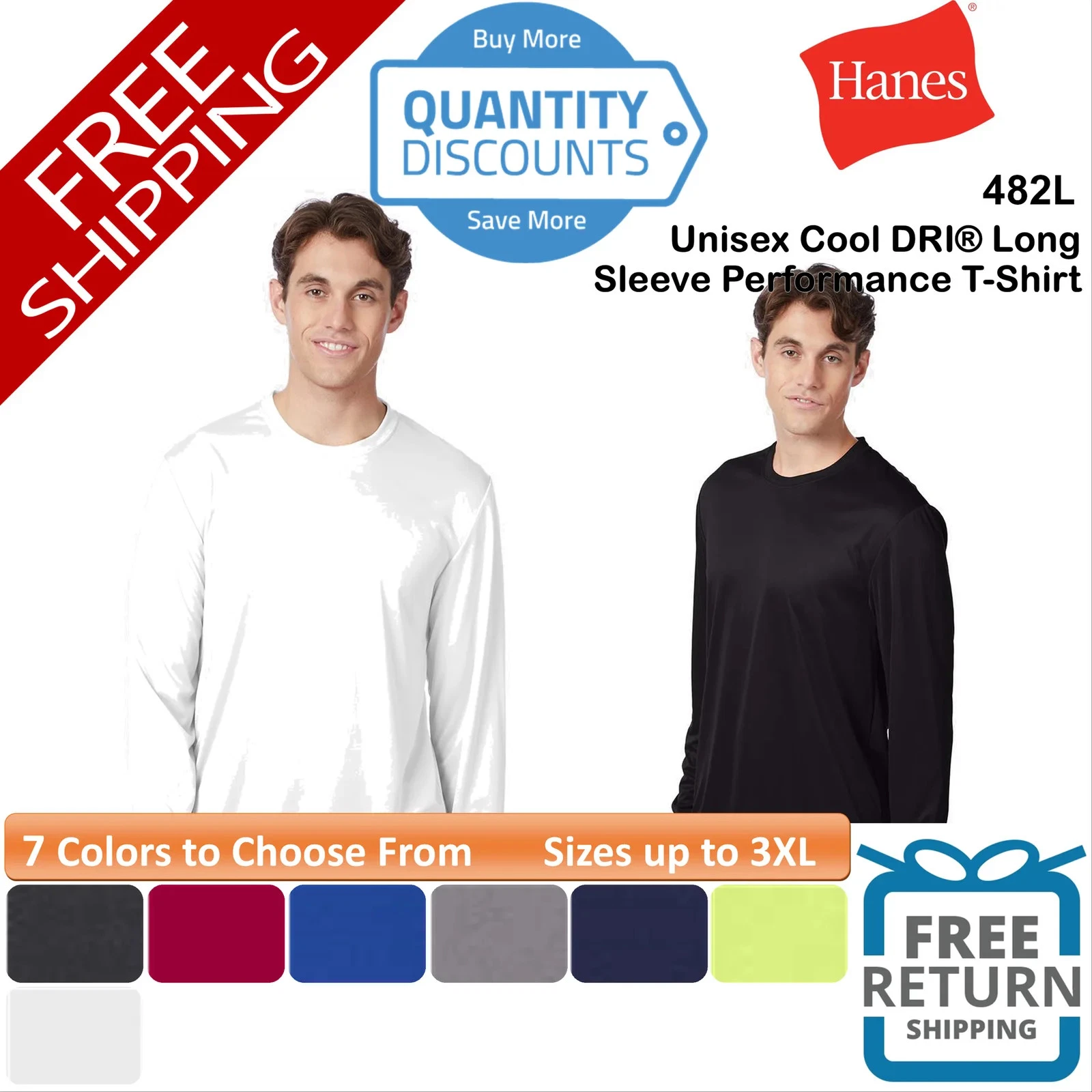 🔥 Hanes Unisex Cool DRI Long Sleeve Performance T-Shirt Up To 3XL 482L