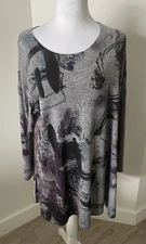Jess & Jane Sz. XL Stretch Tunic Gray Abstract Artsy Print Round Neck