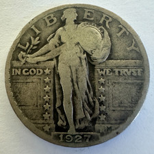 1927 USA Standing Liberty Quarter Coin, Silver 0.9, 24.3mm, VG Very Good