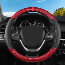 Black  Red Carbon Fiber Leather Steering Wheel Cover, 14.5-15 Inch Non-Slip