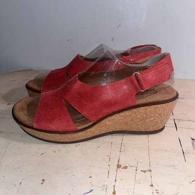 Clarks Red Leather Cork Wedge Comfort Hook Loop Pin Up Sandal Size 9 40