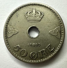1929 Norway 50 Ore Coin, Copper-Nickel, 22mm, VF Very Fine, Key Date