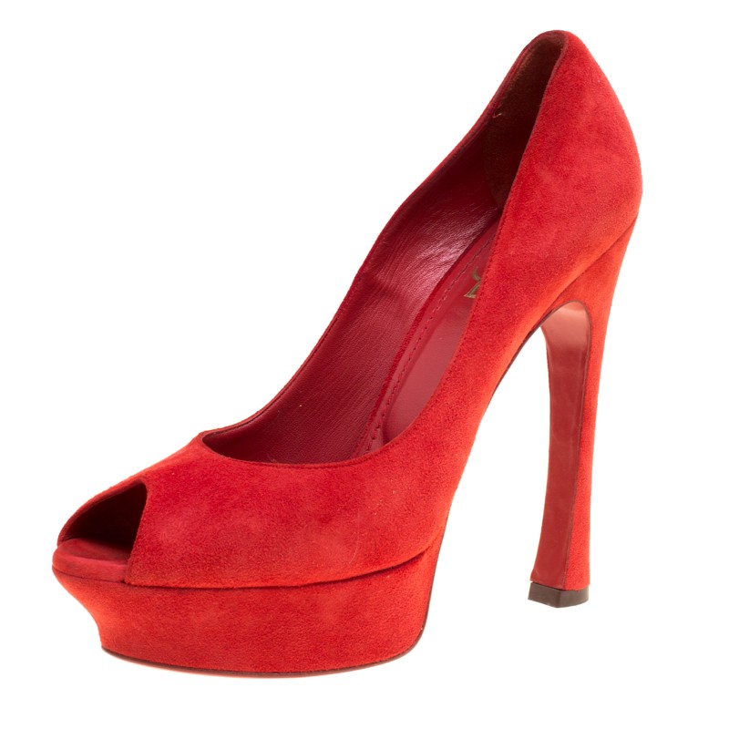 Saint Laurent Red Suede Palais Peep-Toe Platform Pumps Size 40