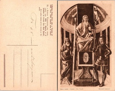 Carlo Ferrari Venezia Art Postcard Madonna Child Throne Religious Vintage Sepia