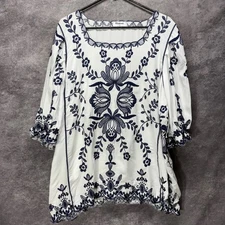 Kindred Embroidered Tunic Top Blouse Womens Plus 2X White Blue Floral Cottage