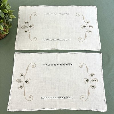 VTG  Linen Dresser Scarves 2 Madeira Style Cutwork Embroidery Drawnwork Cream