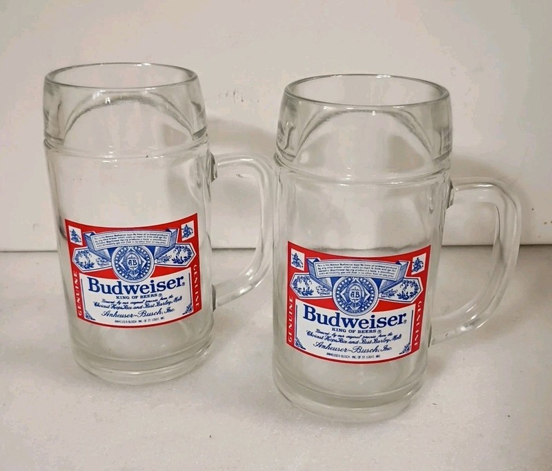BUDWEISER BEER MUG SET OF 2 GLASS WITH LOGO 0.5L UNIQUE TOP 