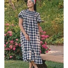 DÔEN Whisper Dress Blue White Gingham Embroidered Midi Dress